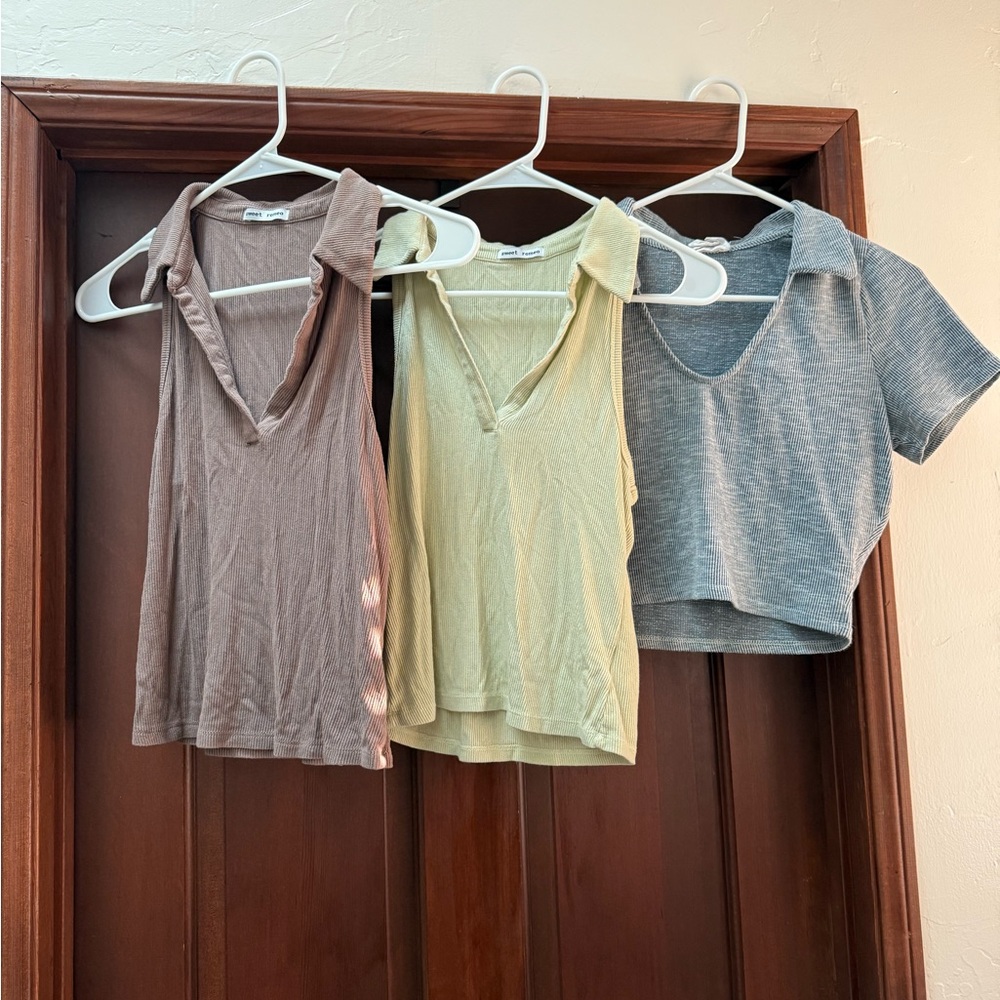 Three Women's V-Neck Collared Tops - Brown, Green, and Gray/blue